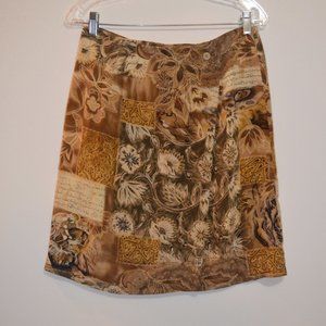 MARK SHALE Midi Skirt Lining Front Fold Floral Cream-Brown Zip Back USA 10